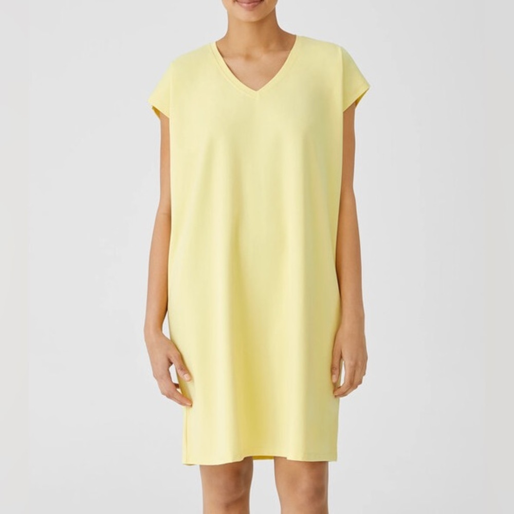 New Eileen Fisher Cotton Stretch Jersey V Neck Dress T Shirt Boxy Yellow Sz S